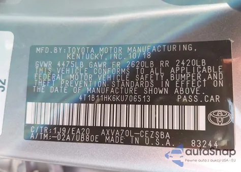 2019 Toyota Camry Se from USA, damaged, VIN 4T1B11HK6KU706513